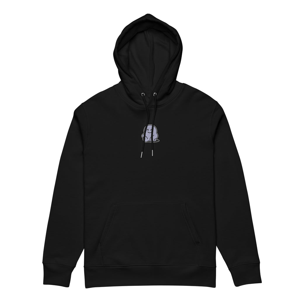 Black hoodie with a small graphic on the chest against a white background