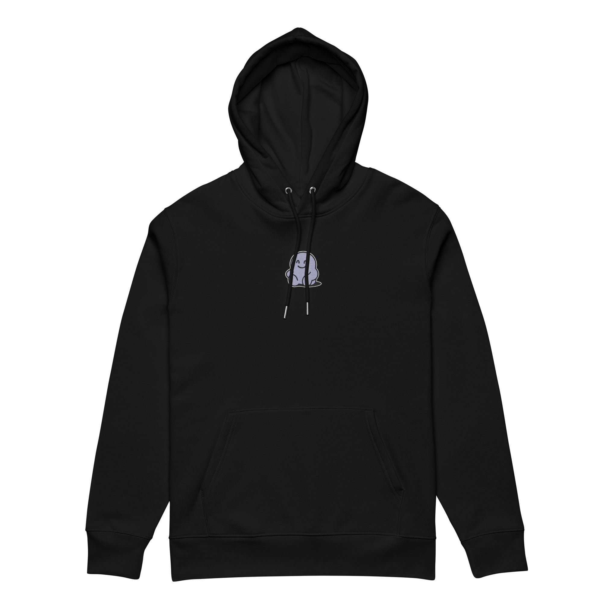 Black hoodie with a small graphic on the chest against a white background